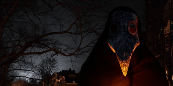 person in plague mask at night outdoors