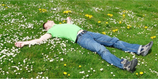 Man lying in grass with flowers and dandelions