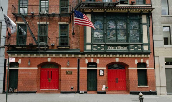 Front of the Bowery Mission building in New York.