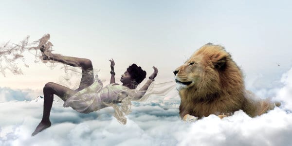 Woman drifting in clouds like falling backwards in water, with lion breathing smoke that keeps her floating.