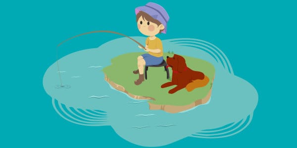 Boy fishing with dog laying beside him.