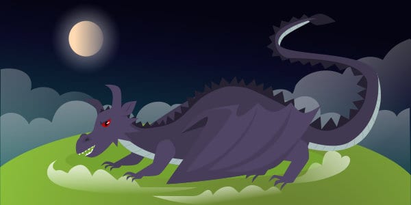 Purple dragon with red eyes and moon in sky.