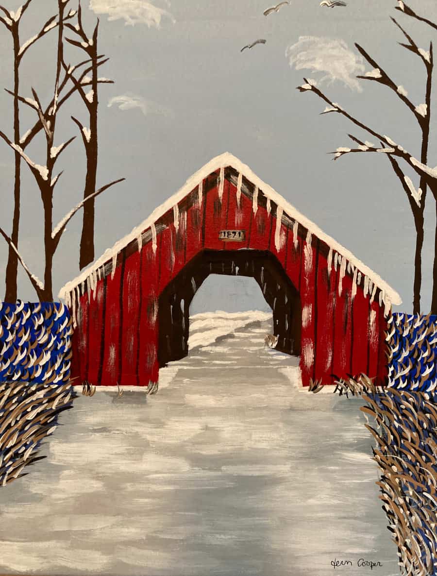 Painting of a red covered bridge in winter with snow.