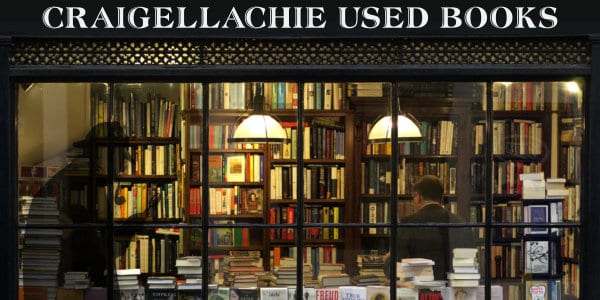 Front of Craigellachie Used Book Store, with shadow of detective.