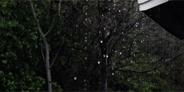 Rain falling off roof with trees in background.