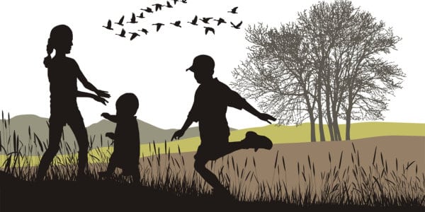 Kids playing in nature with geese flying overhead.