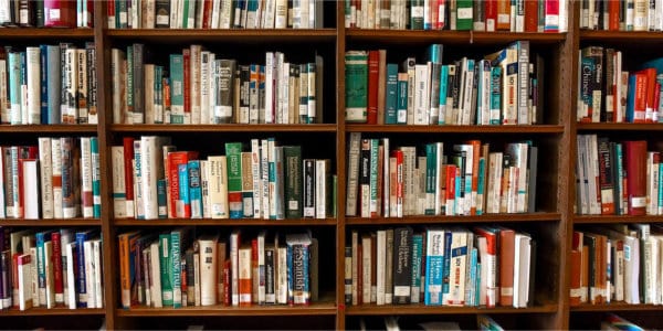 Library books on shelves.