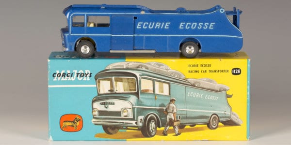 Die-cast Ecurie Ecosse racing car transporter with original box.