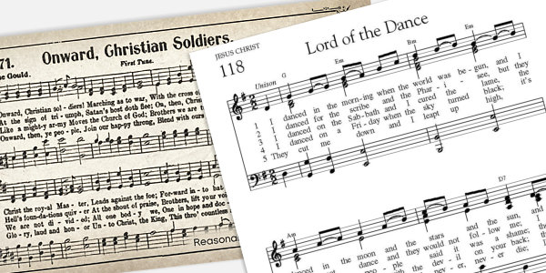 Partial sheet music of two hymns (Onward, Christian Soldiers and Lord of the Dance)