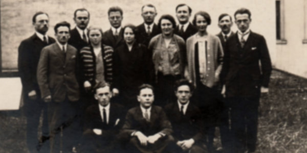 Vintage black and white photo of a group of people.