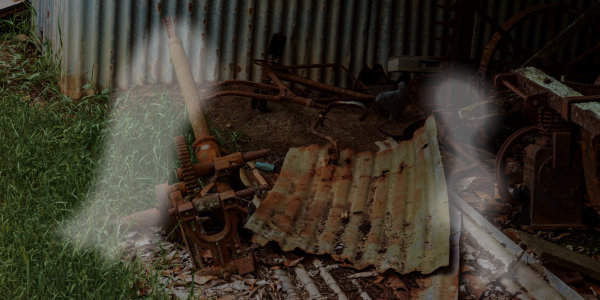 2 ghosts hovering over old rusty farm equipment.