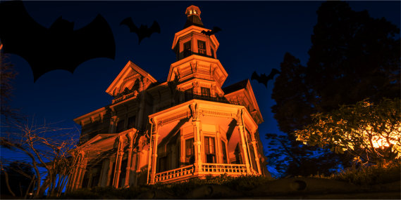 Old Victorian house at night time with flying bats