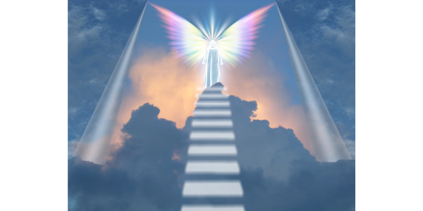 Ladder to heaven, with an angelic figure at the top