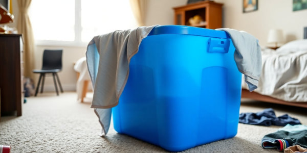 Blue plastic bin with a sheet draped over it, in a boy's bedroom.