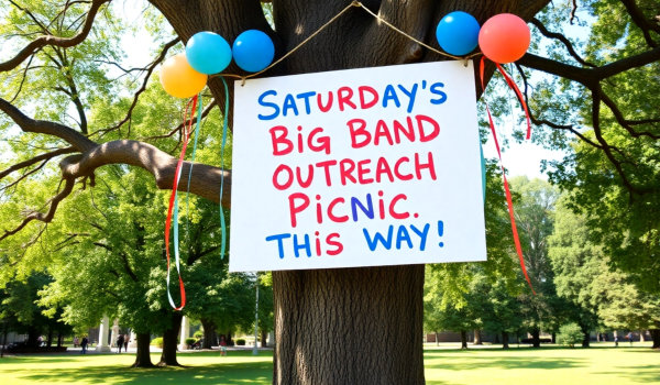 Big tree in park with sign reading "Saturday's Big Band Outreach Picnic. This Way!"