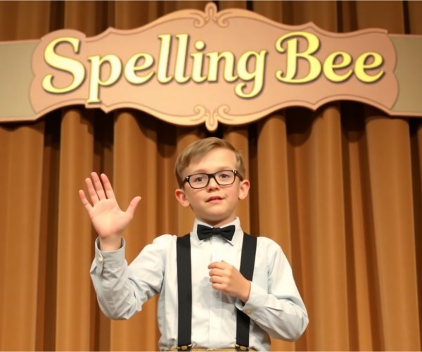 Boy on podium doing sign language, with a sign saying 'Spelling Bee' behind him.