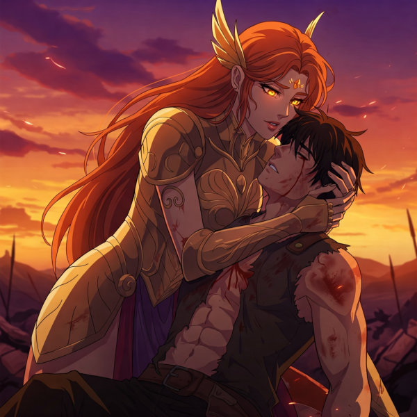 female warrior half god and a wounded male warrior in an intimate embrace