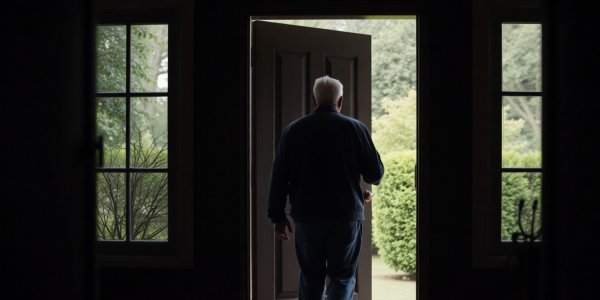 Old man walking out the door