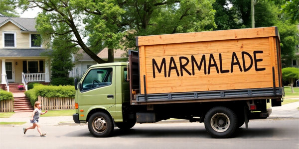 Truck loaded with a wooden crate on which the word 'Marmalade' is written. The truck is parked on a street with houses.