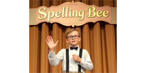 Boy waving at the audience on a stage. Curtains are closed, and a sign saying "Spelling Bee" is hanging in front of it.