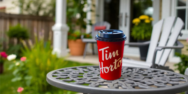 Tim Horton's cup on a small patio table 