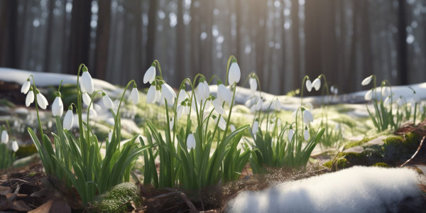 Snowdrops in the forest with some snow.