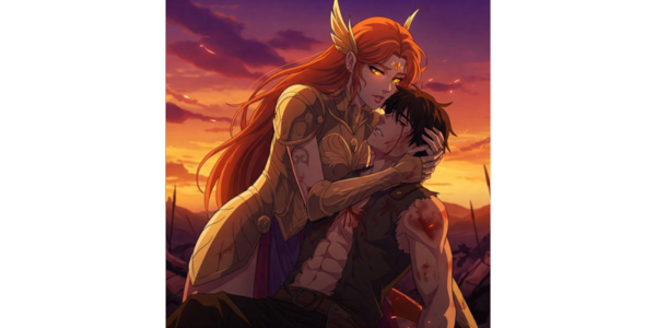 A female warrior half god and a wounded male warrior in an intimate embrace